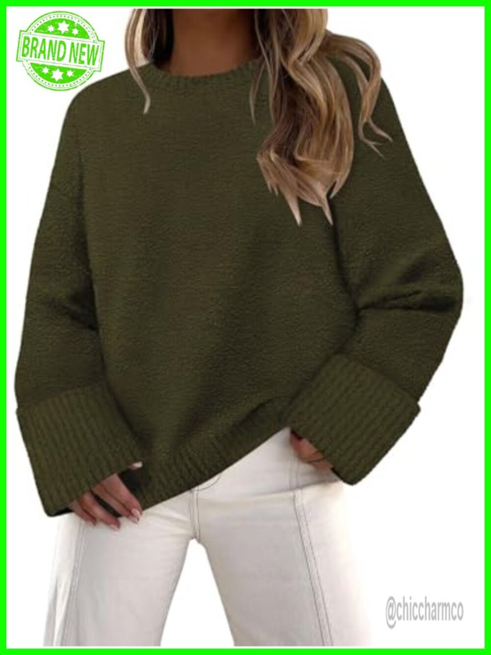 100% Acrylic Fuzzy Knit Crewneck Pullover Sweater Loose Fit Fall Winter